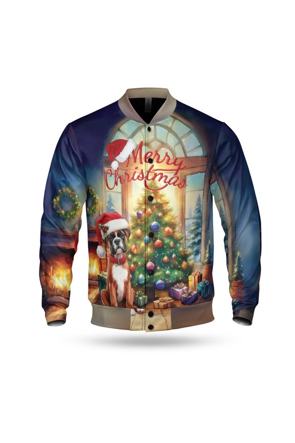Merry Christmas Boxer Santa Hat Xmas Tree Winter Holiday All Over Print 3D Baseball Jacket Boxers Dog Lover Gifts Idea Bomber Jacket Softball - 01013