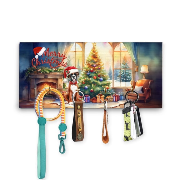 Merry Christmas Boxer Santa Hat Xmas Tree Winter Holiday Wood Key Holder Boxers Dog Lover Gifts Idea Wall-mounted Key Rack Home Decor - 01013