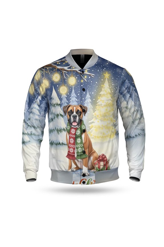 Merry Christmas Boxer Snowy Winter with Gifts Tree Decorations All Over Print 3D Baseball Jacket Boxers Dog Lover Gifts Idea Bomber Jacket Softball - 12020