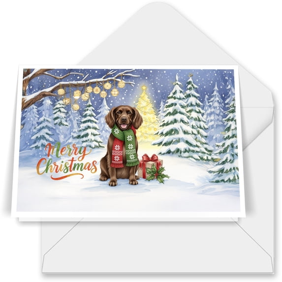 Merry Christmas Boykin Spaniel Snowy Winter with Gifts Tree Decorations 7x5in Folded Greeting Card Dog Lover Single Note Card with Envelope - 12020