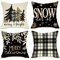 Merry Christmas Bright Decorative Throw Pillow Covers 18 x 18 Set of 4, Black Xmas Tree Buffalo Plaid Check Outdoor Pillowcase, Let It Snow Winter Holiday Farmhouse Cushion Case Home Decor