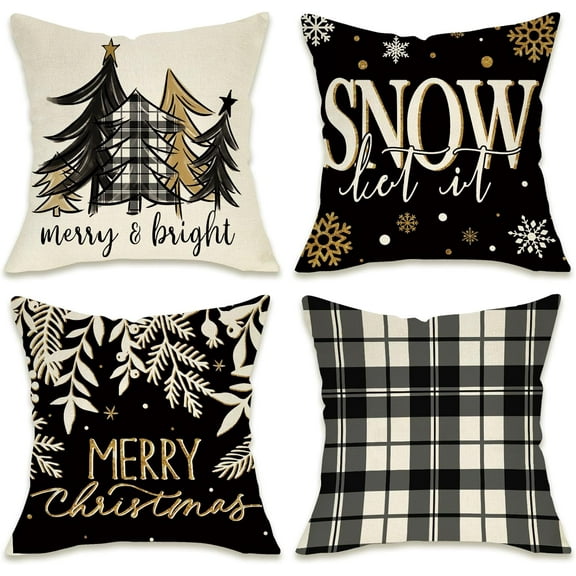 Merry Christmas Bright Decorative Throw Pillow Covers 18 x 18 Set of 4, Black Xmas Tree Buffalo Plaid Check Outdoor Pillowcase, Let It Snow Winter Holiday Farmhouse Cushion Case Home Decor
