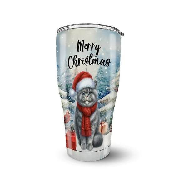 Merry Christmas British Shorthair Enjoys Catmas Winter Xmas Holiday 30oz Stainless Steel Tumbler Insulated Cup with Lid Cat Lover Kitten Owner Gifts - 02022
