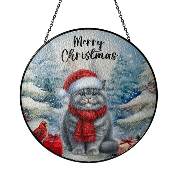 Merry Christmas British Shorthair Enjoys Catmas Winter Xmas Holiday Stained Glass Suncatcher Cat Lover Kitten Owner Gifts Window Hanging Sign Decor - 02022