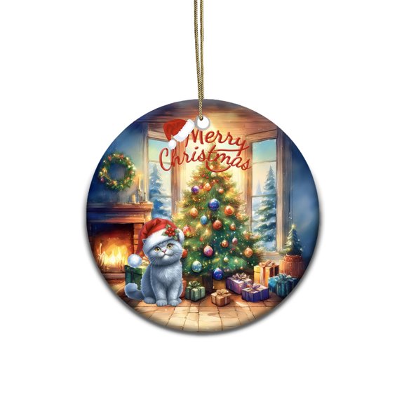 Merry Christmas British Shorthair Santa Hat Xmas Tree Winter Holiday Ceramic Round Ornament Cat Lover Kitten Owner Gifts Home Tree Decor - 01013