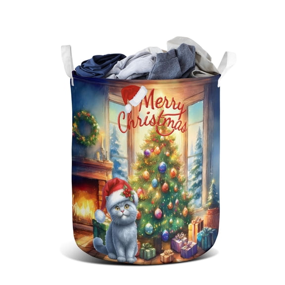 Merry Christmas British Shorthair Santa Hat Xmas Tree Winter Holiday Foldable Laundry Basket Cat Lover Kitten Owner Gifts Organizer Storage with Handles - 01013