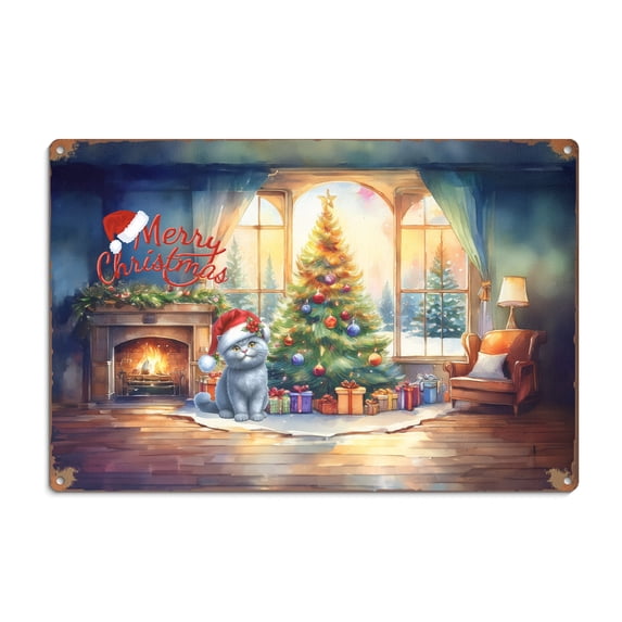 Merry Christmas British Shorthair Santa Hat Xmas Tree Winter Holiday Horizontal Metal Aluminum Sign Cat Lover Kitten Owner Gifts Wall Art Home Decor - 01013
