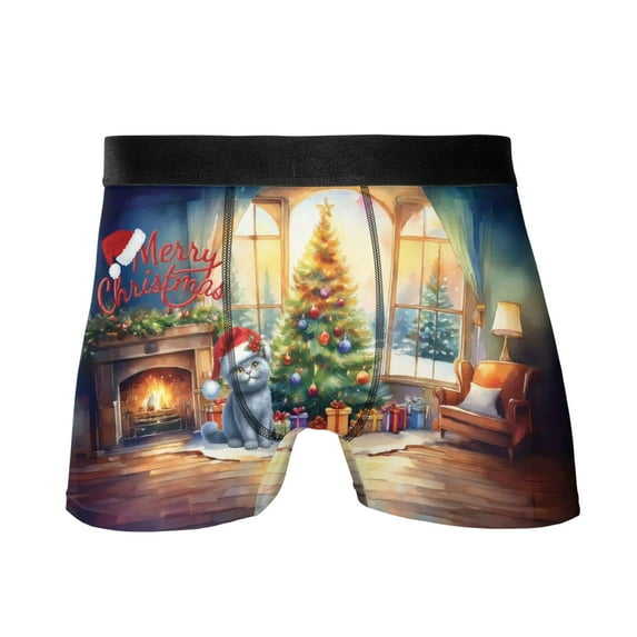 Merry Christmas British Shorthair Santa Hat Xmas Tree Winter Holiday All Over Print Boxer Briefs Underwear for Men Dad Cat Lover Kitten Owner Gifts - 01013