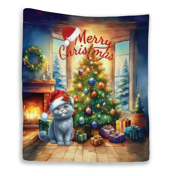 Merry Christmas British Shorthair Santa Hat Xmas Tree Winter Holiday Quilt Blanket Cat Lover Kitten Owner Gifts Cozy Comforter Throw Blanket - 01013