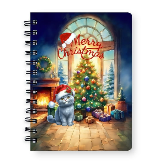 Merry Christmas British Shorthair Santa Hat Xmas Tree Winter Holiday Spiral Bound Journal Cat Lover Kitten Owner Gifts 5x7in Spiral Notebook - 01013