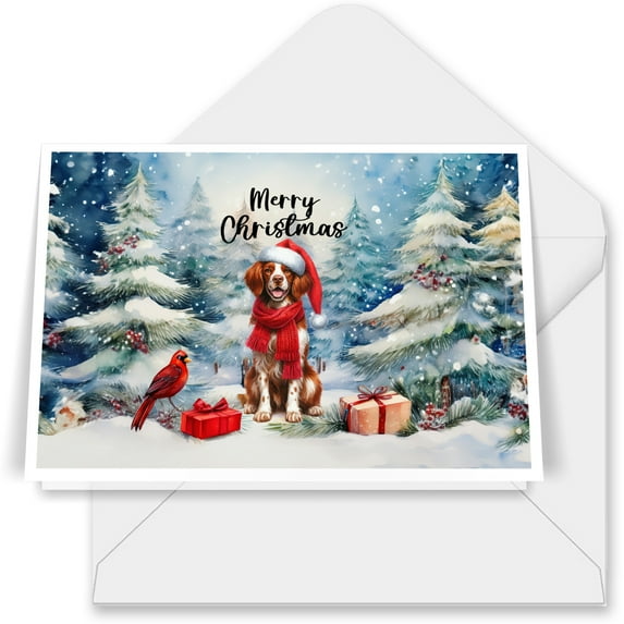 Merry Christmas Brittany Spaniel Enjoys Woofmas Winter Xmas Holiday 7x5in Folded Greeting Card Brittany Dog Lover Gifts Idea Single Note Card with Envelope - 02022