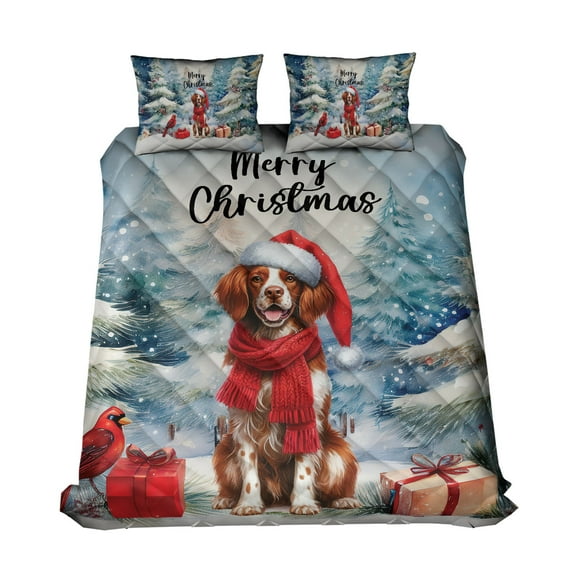 Merry Christmas Brittany Spaniel Enjoys Woofmas Winter Xmas Holiday Quilt Bedding Set Brittany Dog Lover Gifts Idea 1 Blanket Bed Cover 2 Pillowcases - 02022