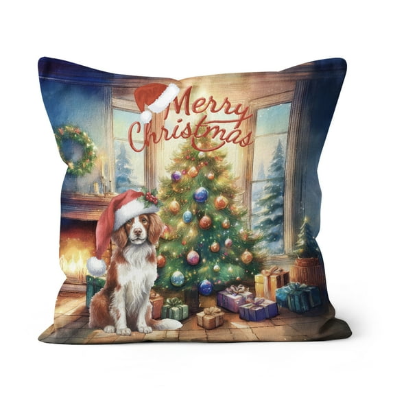 Merry Christmas Brittany Spaniel Santa Hat Xmas Tree Winter Holiday Pillow Cushion Double Sided Brittany Dog Lover Gifts Idea Throw Pillow - 01013