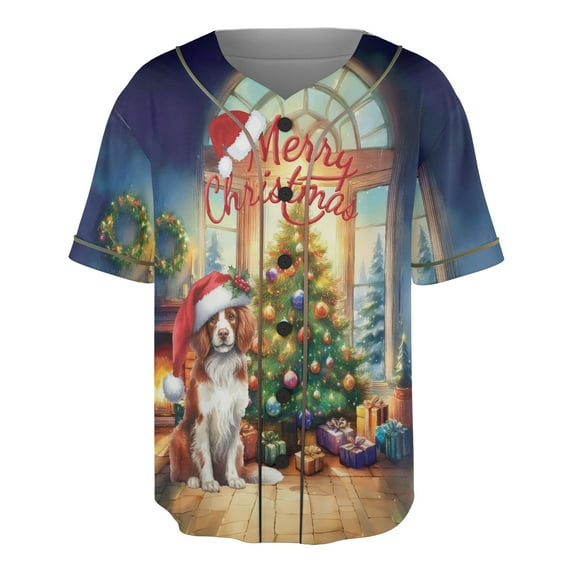 Merry Christmas Brittany Spaniel Santa Hat Xmas Tree Winter Holiday All Over Print 3D Baseball Shirt Brittany Dog Lover Gifts Idea Softball Sport - 01013