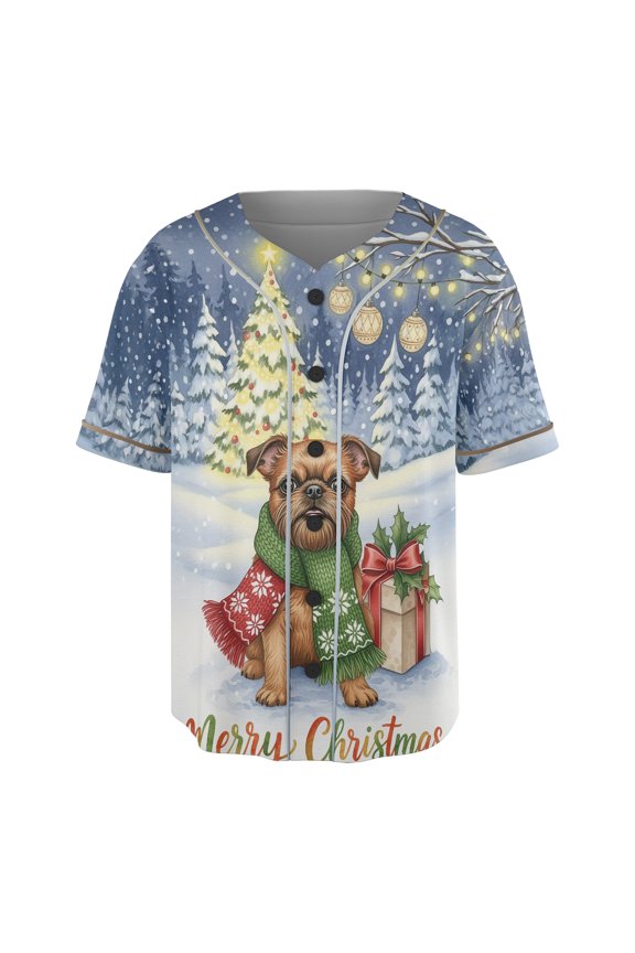 Merry Christmas Brussels Griffon Snowy Winter with Gifts Tree Decorations All Over Print 3D Baseball Shirt Griff Dog Lover Softball Sport - 12020