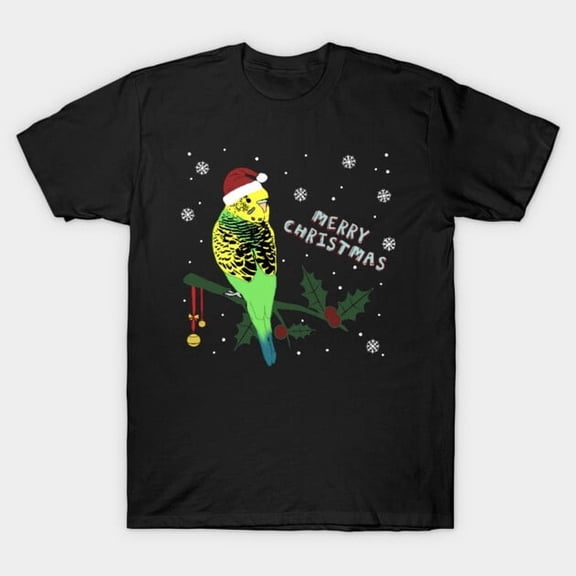 Merry Christmas Budgie Doodle Funny Holiday Bird Graphic, H10429 Unisex T-Shirt, Up to 5XL Available