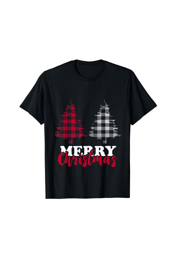 Merry Christmas Buffalo Plaid Black Red Christmas Tree Xmas Black T-Shirt