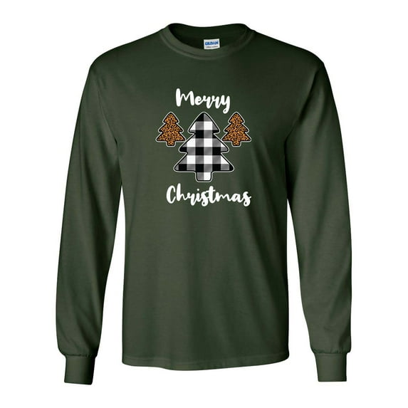 Merry Christmas Buffalo Plaid Leopard Print Trees Unisex Adult Long Sleeve T-shirt-Forest-4xl