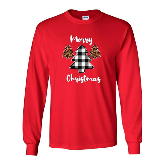 Merry Christmas Buffalo Plaid Leopard Print Trees Unisex Adult Long Sleeve T-shirt-Red-xxl