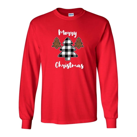 Merry Christmas Buffalo Plaid Leopard Print Trees Unisex Adult Long Sleeve T-shirt-Red-xxxl