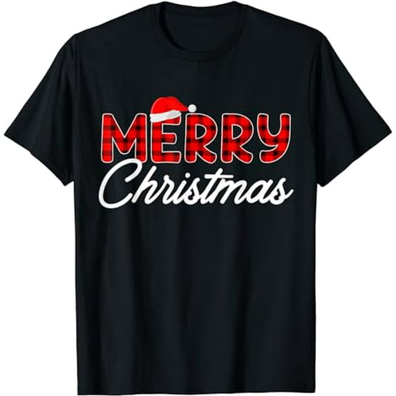 Merry Christmas Buffalo Plaid Red Santa Hat Xmas Pajamas T-Shirt