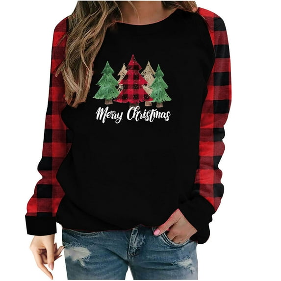 Merry Christmas Buffalo Plaid T Shirts Women Cute Santas Hat Graphic Long Sleeve Raglan Holiday Baseball Tees Tops