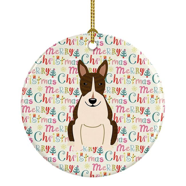 Merry Christmas Bull Terrier Dark Brindle Ceramic Ornament 2.8 in x 2.8 in