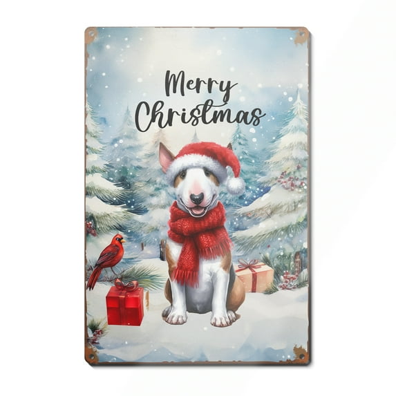 Merry Christmas Bull Terrier Enjoys Woofmas Winter Xmas Holiday Vertical Metal Aluminum Sign Bully Dog Lovers Gifts Idea Wall Art Home Decor - 02022