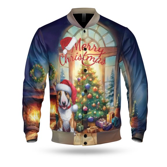 Merry Christmas Bull Terrier Santa Hat Xmas Tree Winter Holiday All Over Print 3D Baseball Jacket Bully Dog Lovers Gifts Idea Bomber Jacket Softball - 01013