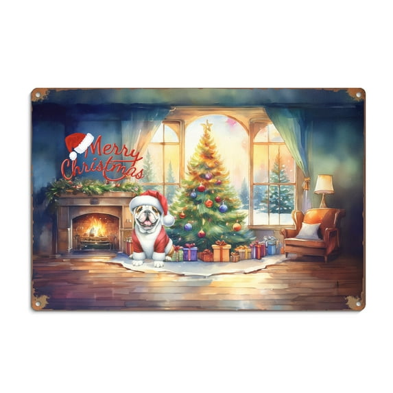 Merry Christmas Bulldog Santa Hat Xmas Tree Winter Holiday Horizontal Metal Aluminum Sign Dog Lover Gifts Idea Wall Art Home Decor - 01013