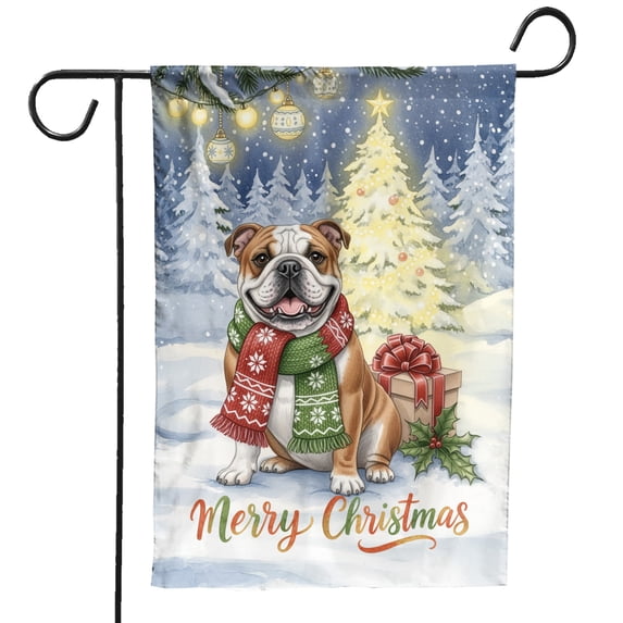 Merry Christmas Bulldog Snowy Winter with Gifts Tree Decorations Garden Flag 12x18in Double Sided Dog Lover Gifts Idea Outdoor Decor - 12020