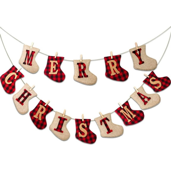 Merry Christmas Burlap Banner - Sock Shaped Rustic Holiday Decor for Indoor Outdoor Use, Fireplace Mantle Hanging, Xmas Party Supplies (1 Set) 