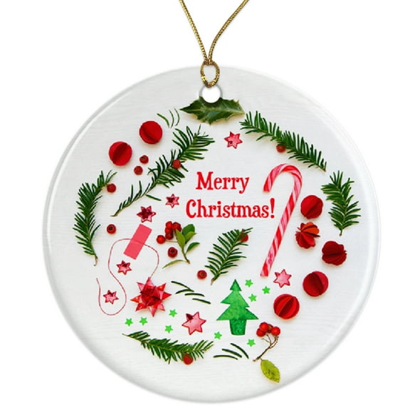 Merry Christmas Candy Cane Ornament, Festive Red and Green Holiday Decor Ceramic Ornament - 3 Inch Christmas Tree Round Ornament - Xmas Holiday Decor - String Included - ORNW0254