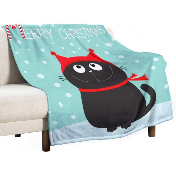 Merry Christmas Candy Cane Throw Blanket Soft Warm Black Cat Lightweight Flannel Plush Fuzzy Blankets Gift for Women Kids Boys Teens 50X60 in