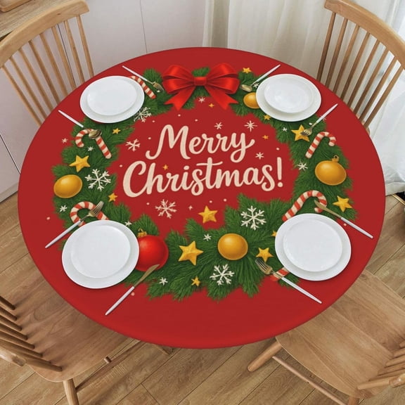 Merry Christmas Candy Stars Round Tablecloth Farmhouse Table Cover with Elastic Edge Washable Fitted Table Cloth for Kitchen Patry Outdoor Decor Fits 45"-50", Medium