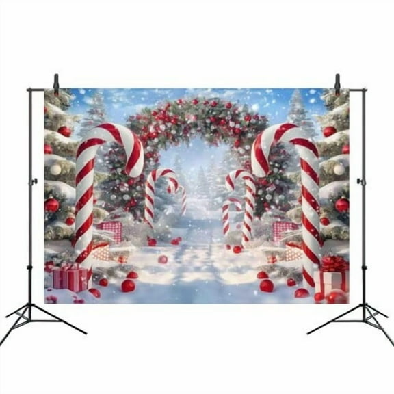 Merry Christmas Cane Candy Backdrop for Photography, Winter Snow Scene Xmas Tree Background, New Year Eve Party Decoration Holiday Photo Banner Props 56x79 in