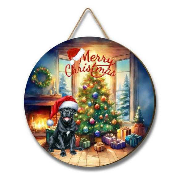 Merry Christmas Cane Corso Santa Hat Xmas Tree Winter Holiday Round Wood Sign Italian Mastiff Dog Lover Gifts Idea Hanging Wall Home Decor - 01013