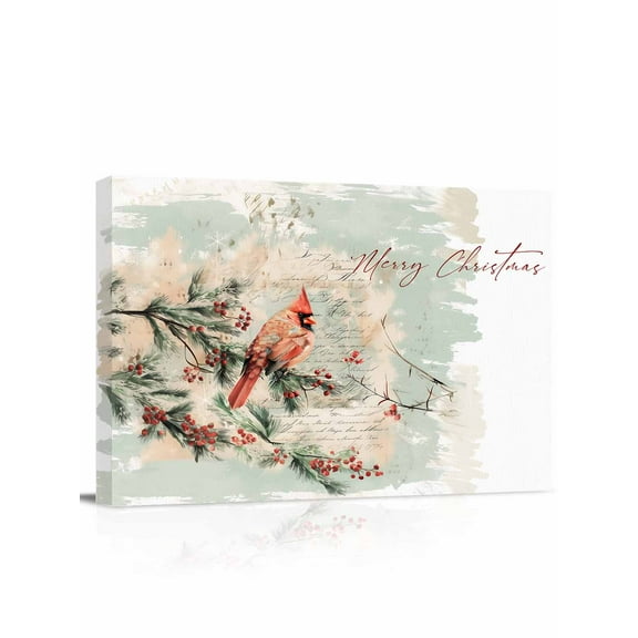 Merry Christmas Canvas Print Wall Art Framed Canvas Art Wall Decor Cardinal Berries Evergreen Bough Love Letter Pictures Painting Morden Artwork for Living Room Bedroom, Ready to Hang - 12"x16"