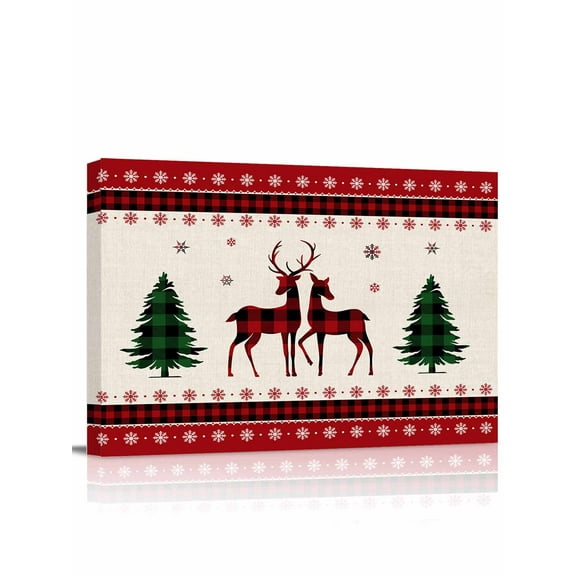 Merry Christmas Canvas Print Wall Art Framed Canvas Art Wall Decor Elk and Xmas Tree Red and Black Buffalo Plaid Pictures Painting Morden Artwork for Living Room Bedroom, Ready to Hang - 12"x16"