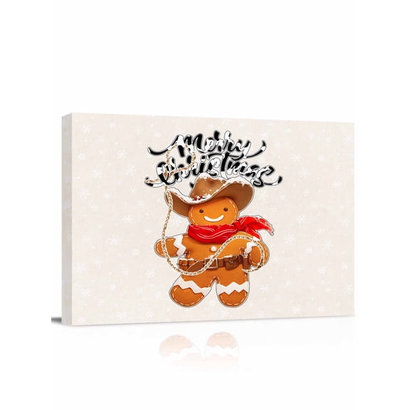 Merry Christmas Canvas Print Wall Art Framed Canvas Art Wall Decor Gingerbread Man Rope Cowboy Western Xmas Pictures Painting Morden Artwork for Living Room Bedroom, Ready to Hang - 12"x16"