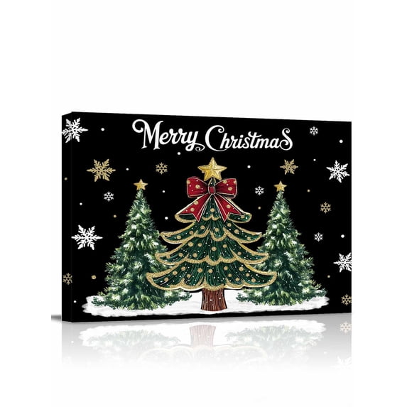 Merry Christmas Canvas Print Wall Art Framed Canvas Art Wall Decor Vintage Xmas Trees Stars Winter Snowflakes Black Pictures Painting Morden Artwork for Living Room Bedroom, Ready to Hang - 12"x16"
