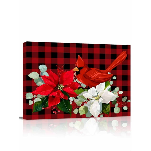 Merry Christmas Canvas Print Wall Art Poinsettia Cardinal Bird Berry Red Plaid Pictures Painting Morden Artwork for Living Room Bedroom, Ready to Hang - 12"x16"