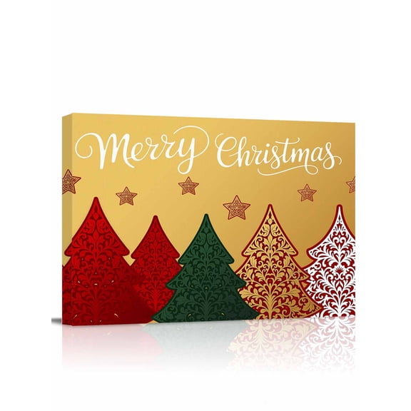 Merry Christmas Canvas Print Wall Art Red Green Gold Trees Stars Gold Bottom Pictures Painting Morden Artwork for Living Room Bedroom, Ready to Hang - 12"x16"