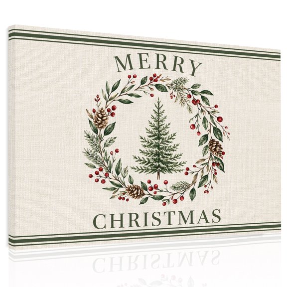 Merry Christmas Canvas Print Wall Art Retro Pine Tree Pinecone Holly Berry Wreath Wall Decor Modern Artwork Paintings Pictures for Living Room Stretched and Framed Ready to Hang - 24" x 32"