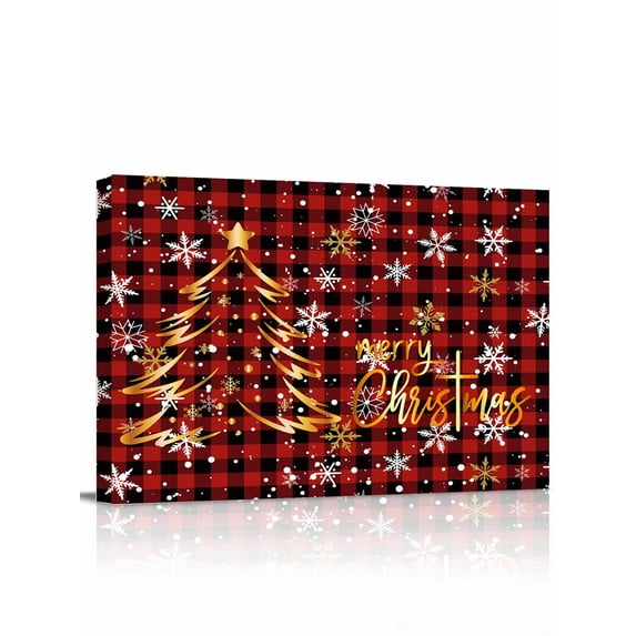 Merry Christmas Canvas Print Wall Art Vintage Gold Xmas Tree Snowflakes Red Plaid Pictures Painting Morden Artwork for Living Room Bedroom, Ready to Hang - 12"x16"