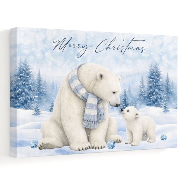 Merry Christmas Canvas Wall Art 10" x 8" Winter Polar Bear Snowy Mountains Pine Tree Frame Picture Prints, Ready to Hang Waterproof Artwork Decor for Bathroom, Kitchen Small Wall Spaces