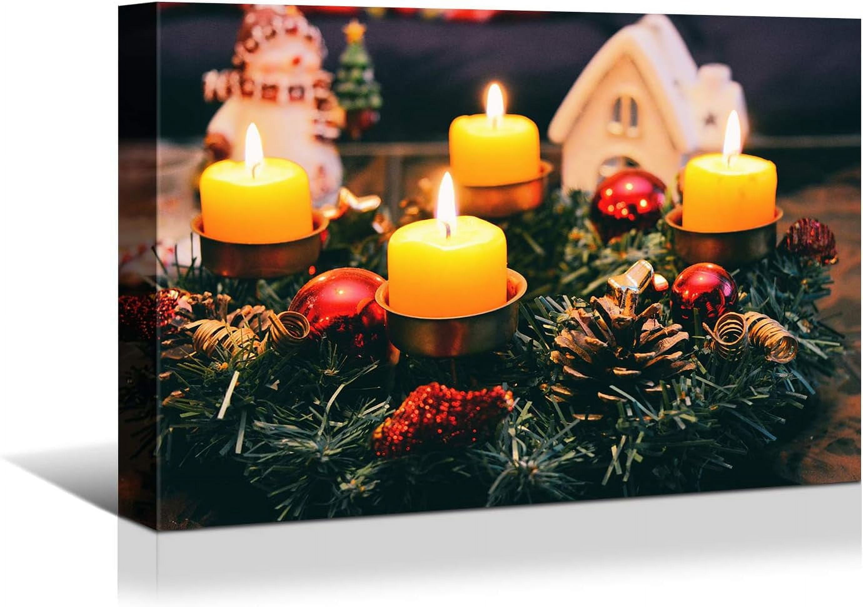 Merry Christmas Canvas Wall Art, 40x30 Inch Candles on Xmas Pine Branch