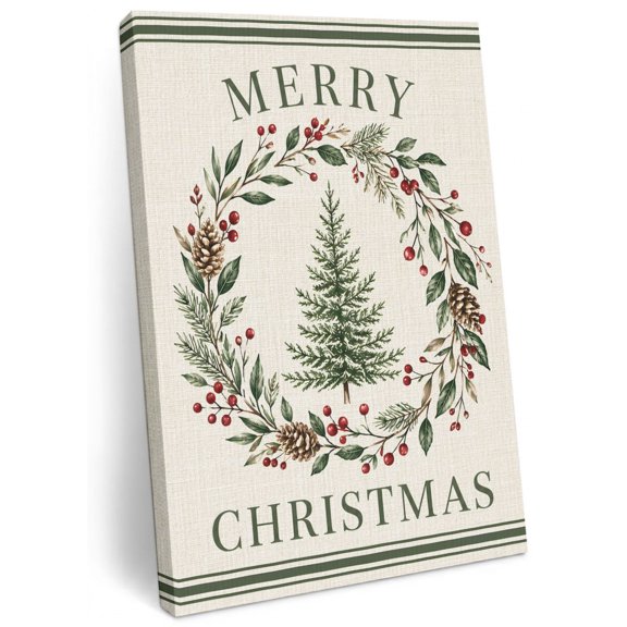 Merry Christmas Canvas Wall Art for Living Room, Retro Pine Tree Pinecone Holly Berry Wreath Poster Print Painting for Entryway Side Of Cabinet Decoration Wall Pictures Prepare To Hang 8"x12"