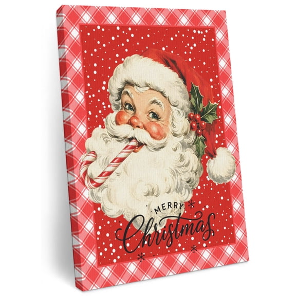Merry Christmas Canvas Wall Art for Living Room, Vintage Santa Claus Portrait Cane Holly Poster Print Painting for Desk Vanity Narrow Stair Wall Decoration Wall Pictures Prepare To Hang 8"x10"