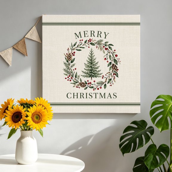 Merry Christmas Canvas Wall Art, Retro Pine Tree Pinecone Holly Berry Wreath Pictures Wall Decor Wooden Framed Artwork Art Prints for Living Room Hallway Bedroom Office 8"x8"